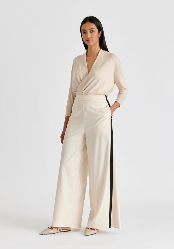 Contrast Trim Wide Leg Trousers in Beige and Black Side